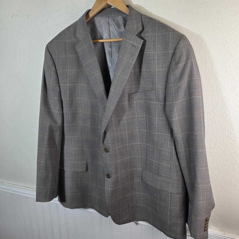 Men's Michael Kors Taupe Two Button Checkered Work Career Blazer Jacket Size 50R - Picture 2 of 14